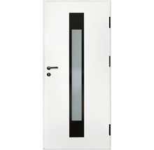 Ușă de interior albă cu decupaj din sticlă mată dispus vertical și feronerie neagră.