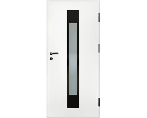 Ușă de interior albă cu decupaj din sticlă mată dispus vertical și feronerie neagră.