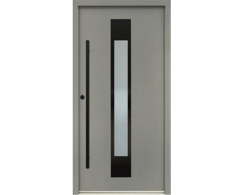 Ușă de intrare modernă gri cu decupaj de sticlă vertical, aplicație neagră și mâner tip bară negru.