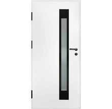 Ușă de interior albă cu decupaj vertical din sticlă, ramă neagră și mâner negru.