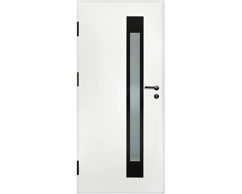 Ușă de interior albă cu decupaj vertical din sticlă, ramă neagră și mâner negru.