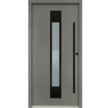 Ușă de intrare modernă gri cu mâner bară negru și decupaj vertical din sticlă mată.