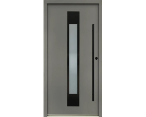 Ușă de intrare modernă gri cu mâner bară negru și decupaj vertical din sticlă mată.