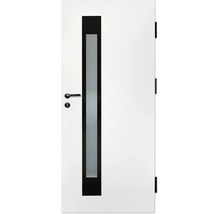 Ușă cu decupaj vertical din sticlă, mâner negru și balamale negre.