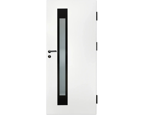 Ușă cu decupaj vertical din sticlă, mâner negru și balamale negre.