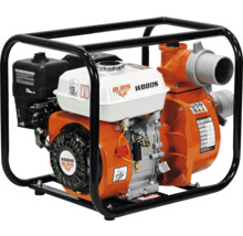 Motopompă RURIS WB80S portocalie și albă cu motor în patru timpi și cadru metalic negru.