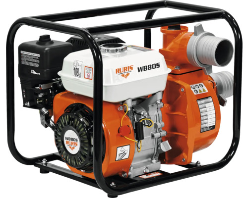 Motopompă RURIS WB80S portocalie și albă cu motor în patru timpi și cadru metalic negru.
