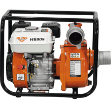 Motopompă Ruris WB80S cu cadru metalic negru, rezervor de combustibil alb și carcasă de pompă portocalie.