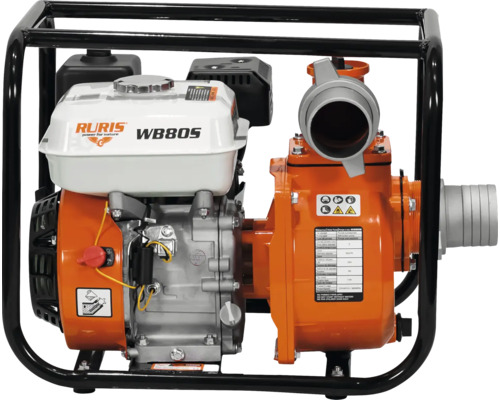 Motopompă Ruris WB80S cu cadru metalic negru, rezervor de combustibil alb și carcasă de pompă portocalie.