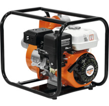 Motopompă Ruris cu cadru metalic negru și carcasă portocalie.