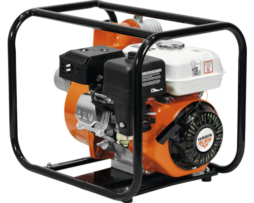 Motopompă Ruris cu cadru metalic negru și carcasă portocalie.