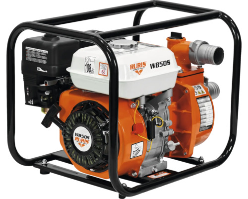 Motopompă pe benzină RURIS WB50S cu cadru metalic negru, carcasă portocalie și rezervor alb.