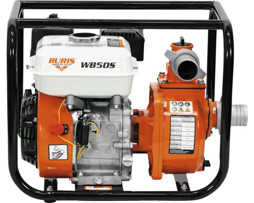 Motopompă de apă pe benzină Ruris WB50S, portocalie și albă, cu cadru metalic negru.