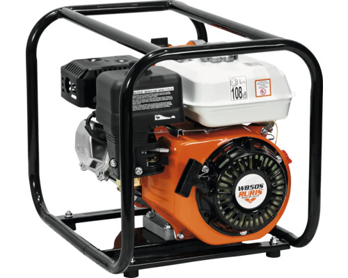 Motopompă pe benzină Ruris WB50S cu cadru metalic negru și nivel de zgomot de 108 decibeli.