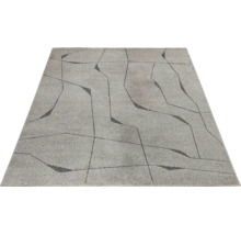 Covor modern cu fir scurt și model geometric cu linii în gri și negru.