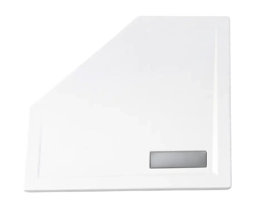 Cădiță de duș pentagonală cu capac de scurgere dreptunghiular.