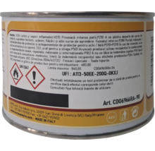 Etichetă de produs pe o cutie metalică cu instrucțiuni de siguranță, simboluri de pericol pentru inflamabilitate și iritare și date tehnice.