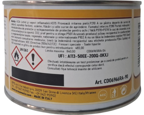 Etichetă de produs pe o cutie metalică cu instrucțiuni de siguranță, simboluri de pericol pentru inflamabilitate și iritare și date tehnice.