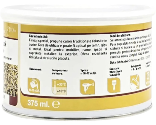 Cutie cu 375 mililitri de finisaj special, etichetă cu instrucțiuni de utilizare, randament și informații despre temperatură.