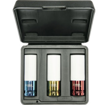 Set de trei chei tubulare de impact WGB în cutie de plastic neagră cu inserții metalice colorate și manșoane de protecție albe.