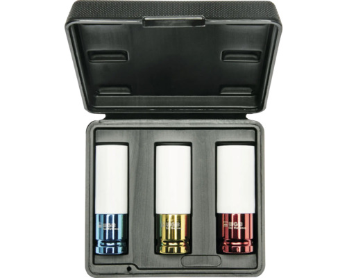 Set de trei chei tubulare de impact WGB în cutie de plastic neagră cu inserții metalice colorate și manșoane de protecție albe.