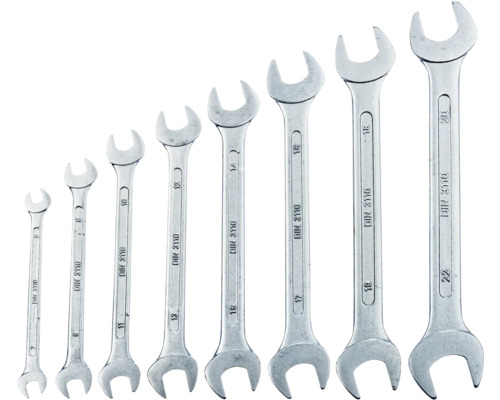 Set de chei fixe duble din metal, DIN 3110, 8 piese de diferite dimensiuni.