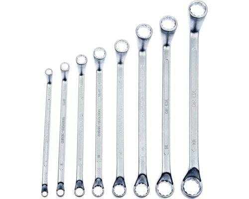 Set de opt chei inelare duble cotite din oțel crom-vanadiu de diferite dimensiuni conform standardului DIN 838.
