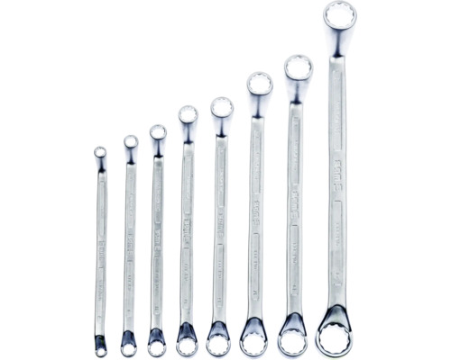 Set de opt chei inelare duble, cotite, fabricate din oțel crom-vanadiu, dimensiuni variate.
