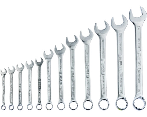 Set de 12 chei combinate WGB din metal argintiu, dimensiuni de la 10 la 32 milimetri.