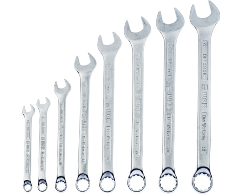 Set de opt chei combinate de la WGB din oțel cromat în diferite dimensiuni conform normei DIN 3113B.