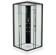 Cabină de duș completă cu cadru negru, sticlă transparentă, pară de duș, duze de masaj și cădiță de duș albă.