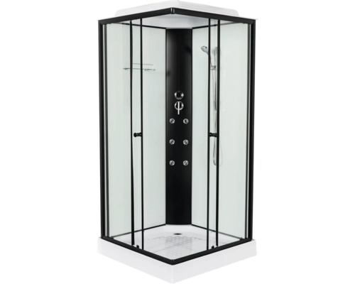 Cabină de duș completă cu cadru negru, sticlă transparentă, pară de duș, duze de masaj și cădiță de duș albă.