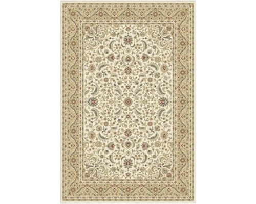Covor oriental bej de formă dreptunghiulară cu model floral clasic și bordură decorativă.