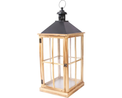 Lanternă din lemn cu acoperiș din metal și inserții de sticlă, carcasă pătrată cu ușă care se închide și mâner tip inel pentru agățare.