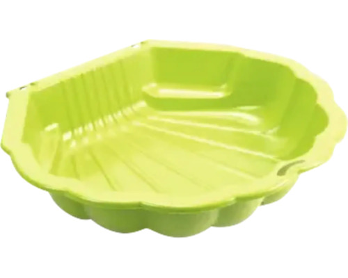 Groapă de nisip verde din plastic în formă de scoică, utilizabilă și ca piscină pentru copii.