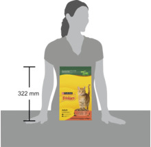 Hrană pentru pisici adulte Purina Friskies în sac de 1,5 kilograme cu o înălțime de 322 milimetri lângă o siluetă pentru scară.