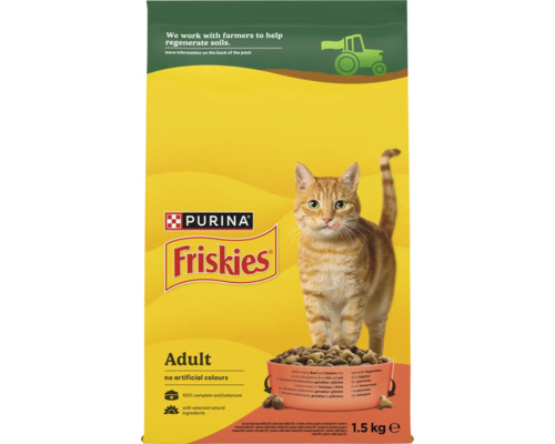 Purina Friskies Adult hrană uscată pentru pisici adulte cu vită, pui și legume, 1,5 kilograme, fără coloranți artificiali.