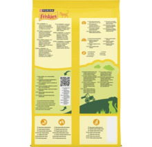 Spatele Purina Friskies cu Purina Logo, Friskies Logo, informații despre sustenabilitate, digestie sănătoasă, dinți și tractul urinar.