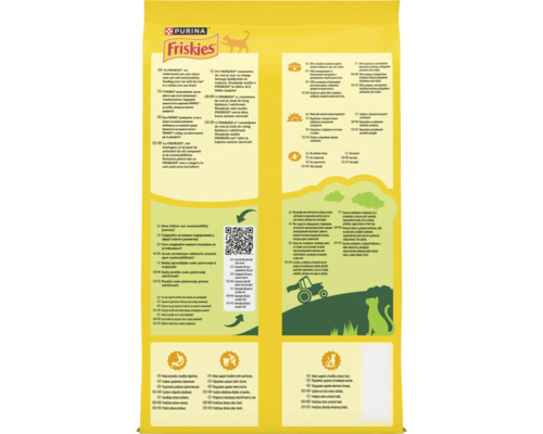Spatele Purina Friskies cu Purina Logo, Friskies Logo, informații despre sustenabilitate, digestie sănătoasă, dinți și tractul urinar.