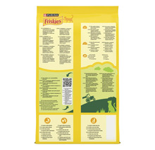 Spatele ambalajului Purina Friskies pentru pisici cu informații despre sustenabilitate, beneficii nutriționale și ingrediente.