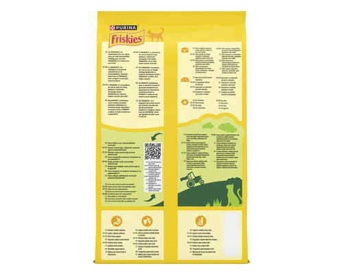 Spatele ambalajului Purina Friskies pentru pisici cu informații despre sustenabilitate, beneficii nutriționale și ingrediente.