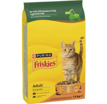 Hrană uscată Purina Friskies pentru pisici adulte cu pui și legume, sac de 1,5 kilograme.