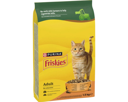 Hrană uscată Purina Friskies pentru pisici adulte cu pui și legume, sac de 1,5 kilograme.