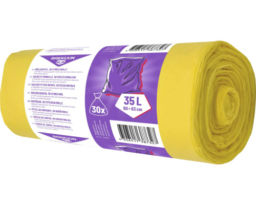Saci de gunoi Rakkuun, 35 litri, 30 bucăți pe rolă, 60 pe 63 centimetri, galben.