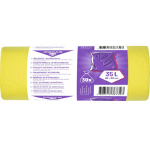 Pungi de gunoi galbene Rakkuun, capacitate 35 litri, 30 de bucăți pe rolă, dimensiuni 60 pe 63 centimetri.
