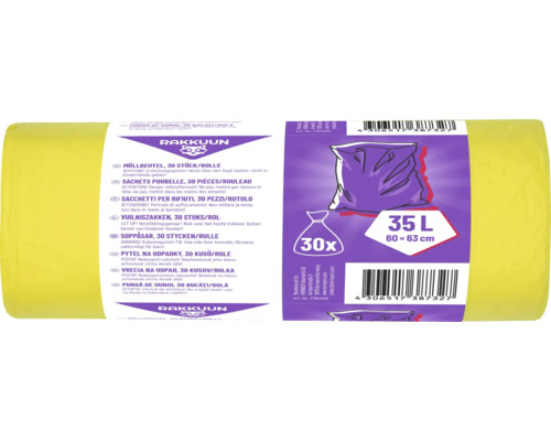 Pungi de gunoi galbene Rakkuun, capacitate 35 litri, 30 de bucăți pe rolă, dimensiuni 60 pe 63 centimetri.