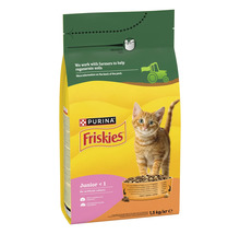Hrană pentru pisici Purina Friskies Junior pentru pui de pisică sub 1 an cu sigiliu de prospețime, sac de 1,5 kilograme.