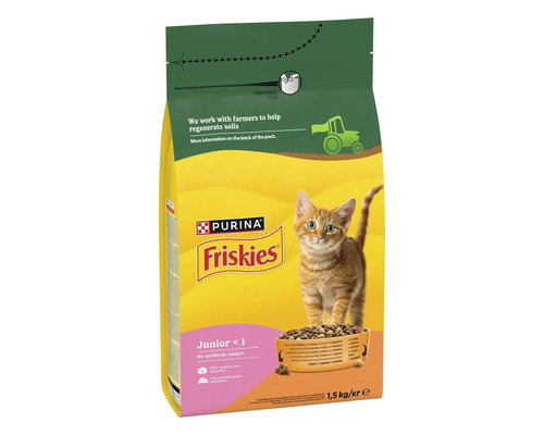 Hrană pentru pisici Purina Friskies Junior pentru pui de pisică sub 1 an cu sigiliu de prospețime, sac de 1,5 kilograme.