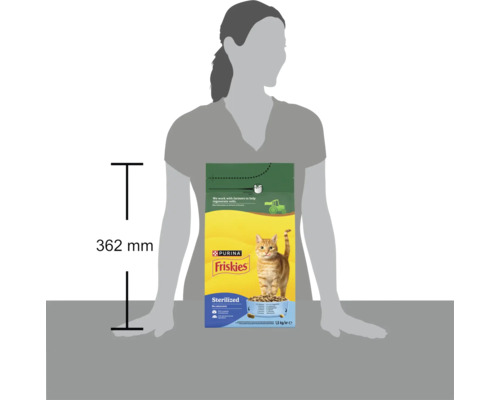 Hrană pentru pisici Purina Friskies Sterilized la sac de 1,5 kilograme, înălțime 362 milimetri, compararea dimensiunii cu o persoană.