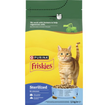 Hrană pentru pisici Purina Friskies Sterilized cu somon și legume, pachet de 1,5 kilograme cu sigiliu de prospețime.